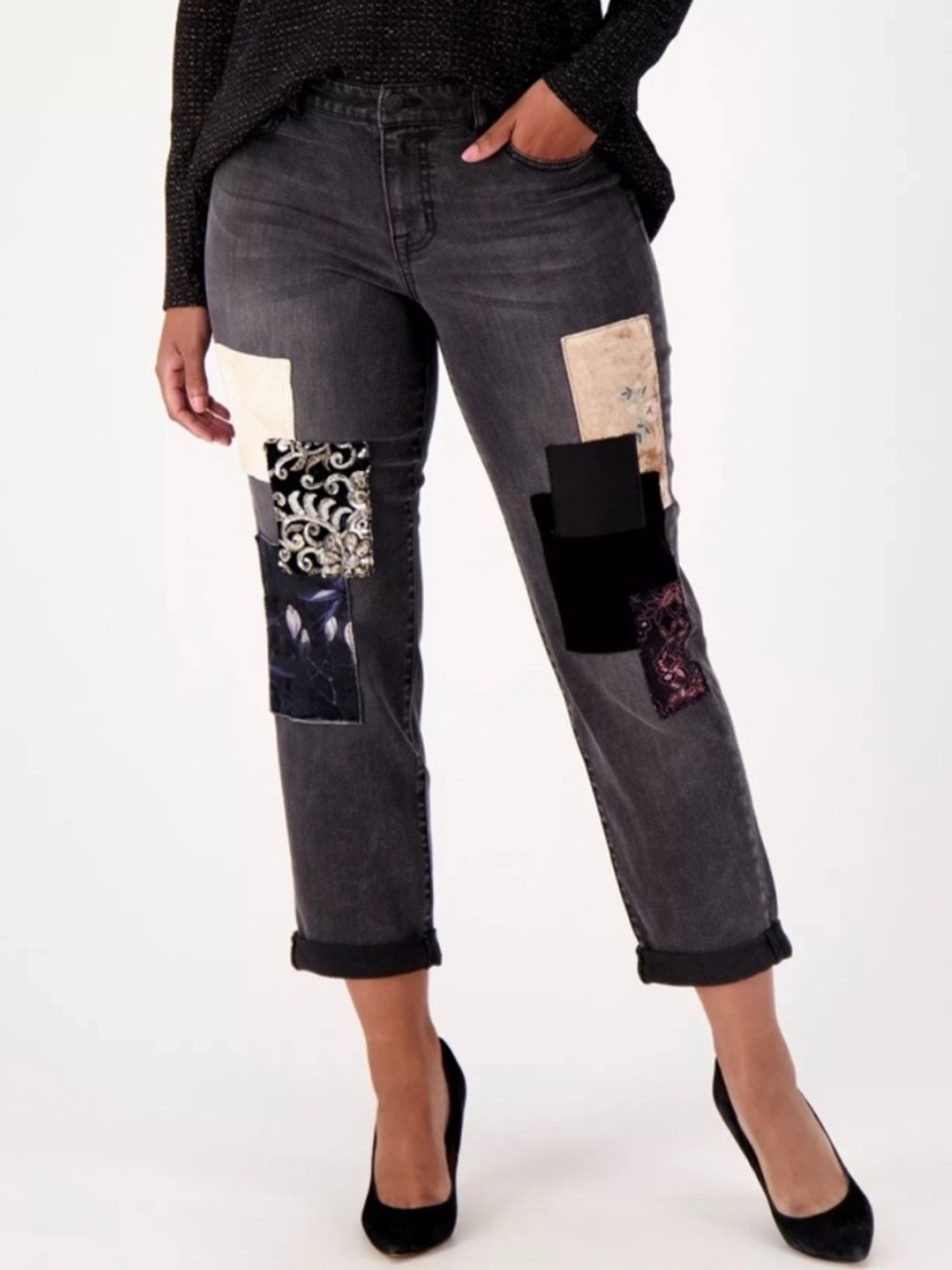 LOGO by Lori Goldstein Black Limited Edition Boyfriend Jeans with Patches - 10
